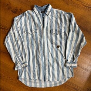Hunting Horn mens shirt white/blue button down stripes long sleeves 2 pockets LG
